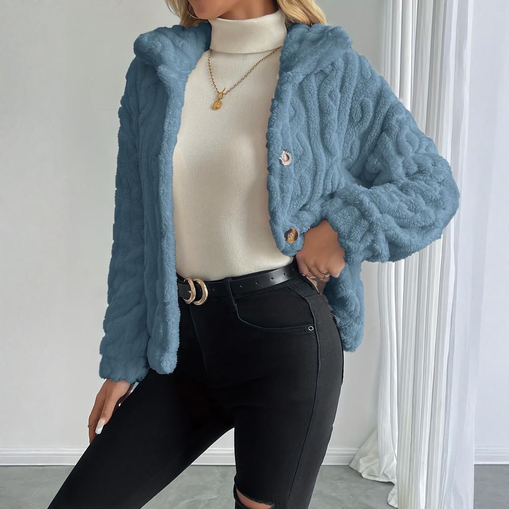 Women's Fashion Solid Color Collar Button Long Sleeve Plush Warm Women's Jacket Coat
