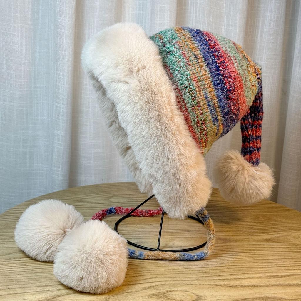 Rainbow Knitted Ethnic Style Ear Protection Hat for Women In Autumn and Winter Fur Ball Cute Plus Velvet Warm Lei Feng Hat Versatile Pullover Hat