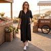 Loose Fit V Neck Denim Look Dress for Women Mid Length Short Sleeve Casual Shirt Dress with Front Pockets and Button Placket