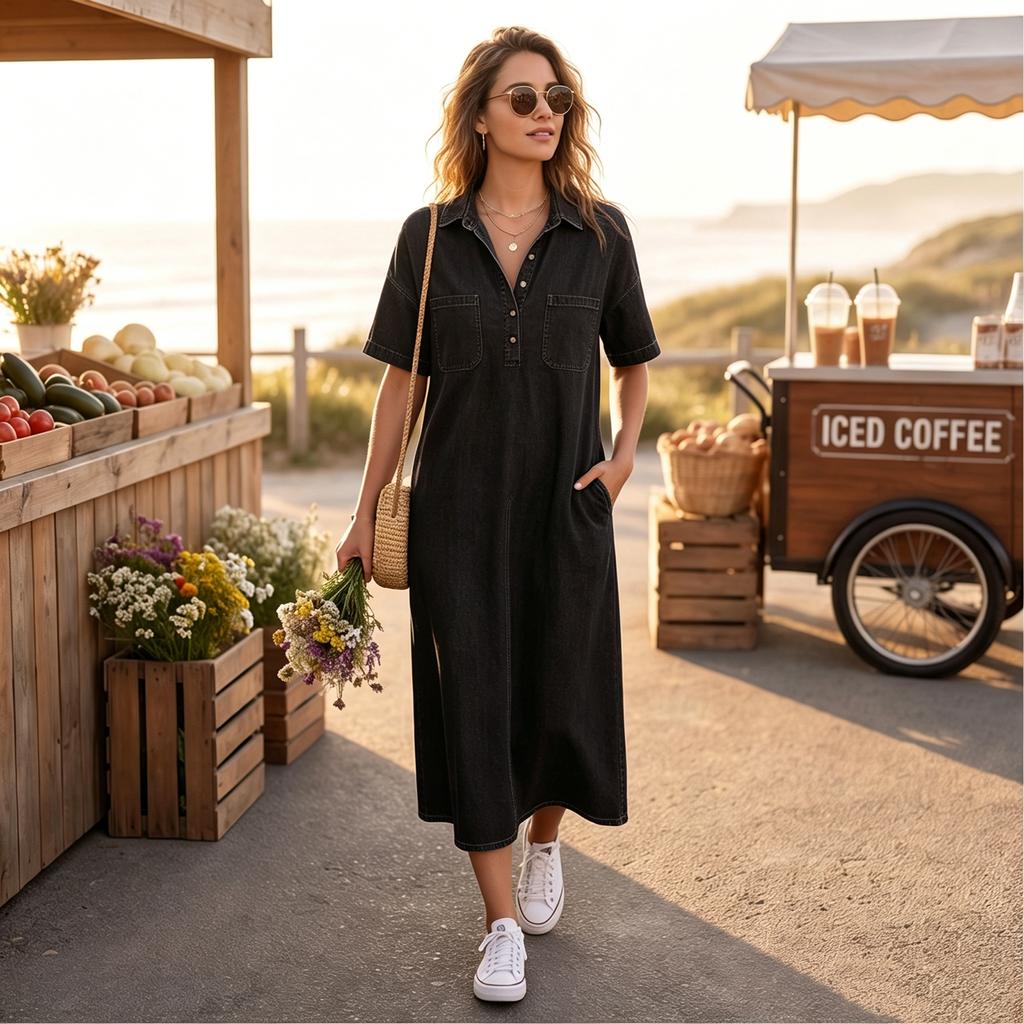 Loose Fit V Neck Denim Look Dress for Women Mid Length Short Sleeve Casual Shirt Dress with Front Pockets and Button Placket