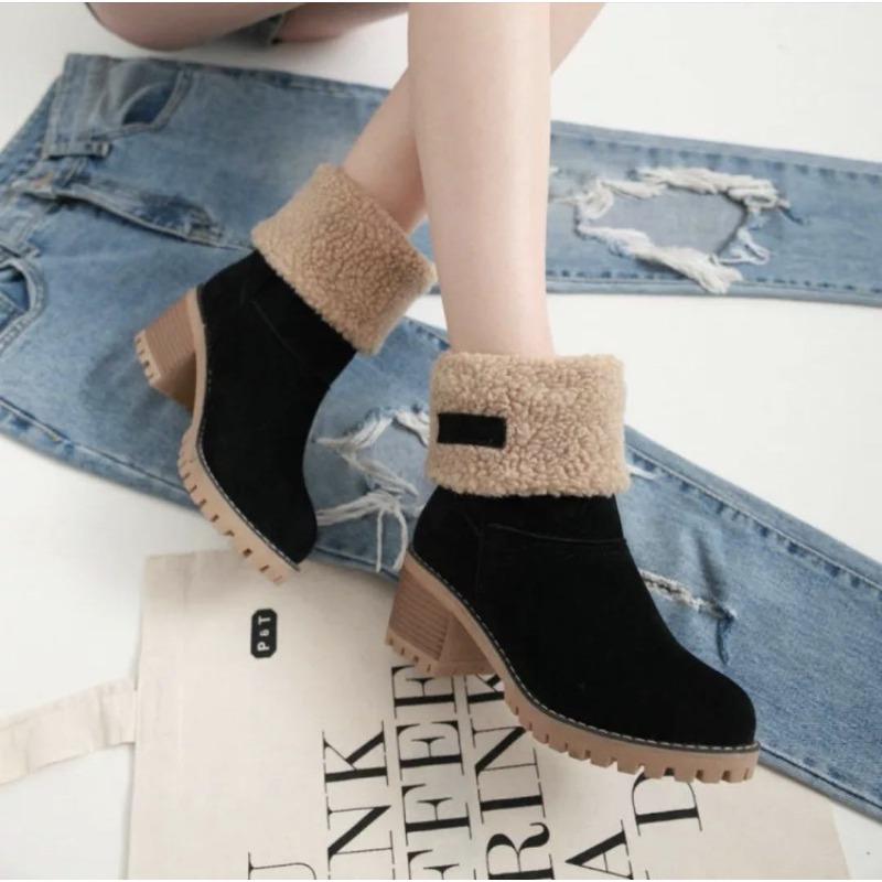 New Autumn and Winter European and American Large-size Fluffy Women's Boots Thick Heel and High Heel Wear Warmwomen's Boots Medium Boots Cotton Shoes