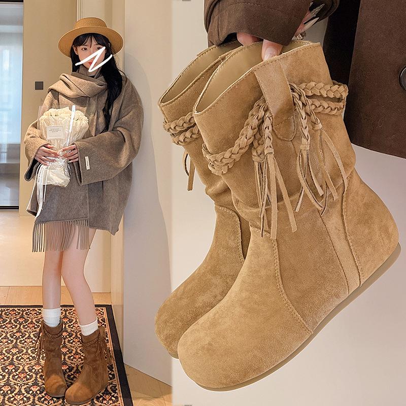 Fashion Women's Short Boots New Vintage Suede Casual Ankle Botas Women Solid Tassel Flat Bottom Females Shoes Botas Mujer