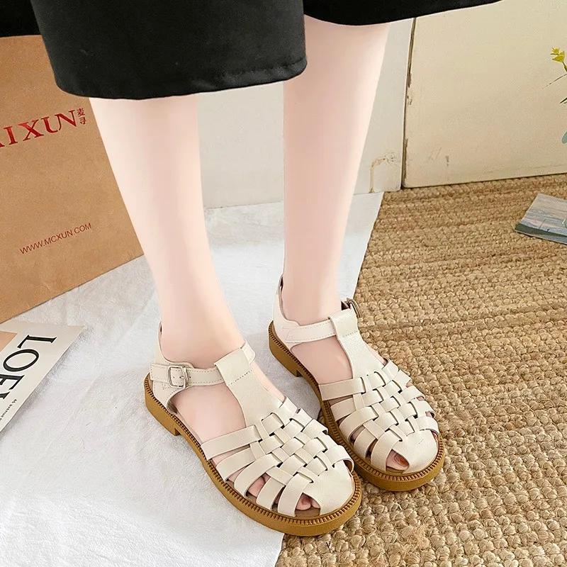 Fashion Women Sandals Black Shoes for Women 2025 Summer Women's Heels Breathable Beige Low Retro Ladies Flat Gladiator  Women Shoes