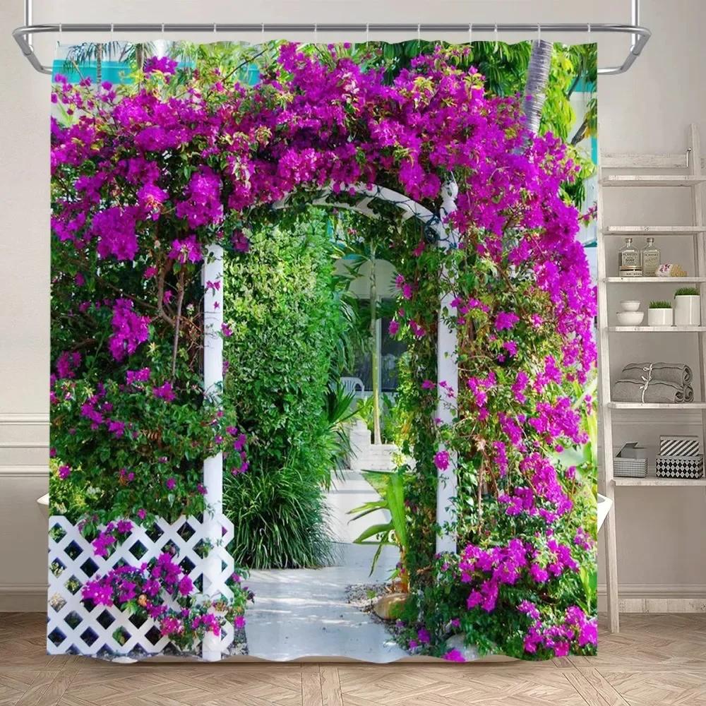 Fence Flowers Shower Curtains Blue Window Nature Floral Plants Scenery Modern Garden Wall Hanging Home Bathroom Decor With Hooks