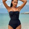 2026 European and American New Solid Color Tube Top Bikini Drawstring Waist Gathering Hot Spring Vacation One-piece Swimsuit