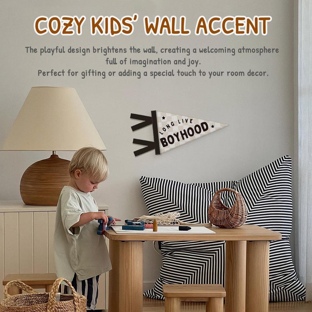 Boys Room Decor, Long Live Boyhood Wall Hanging Pennant Flag Banner, Preppy Neutral Beige Checkered Wall Decorations for Kids Boys Toddler Nursery