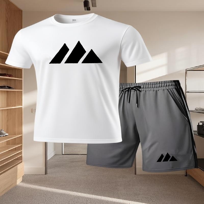 Men's Fashion Street Short Sleeve Set Men's Sports Shirt Set Men's Round Neck Short Sleeve Shorts Sports Set 2-piece Set