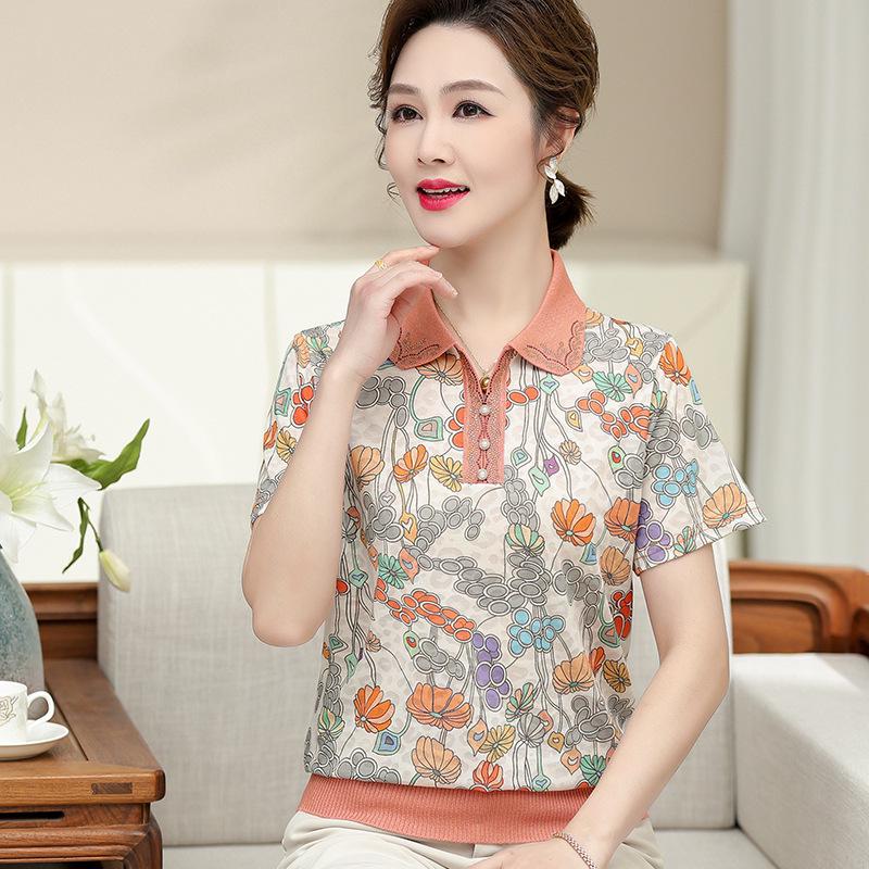 

Stylish Ice Silk Short-Sleeve T-shirt for Middle-Aged Women - Age-Defying Summer Wear 4XL (suitable for 135-150 jin) помаранчевий