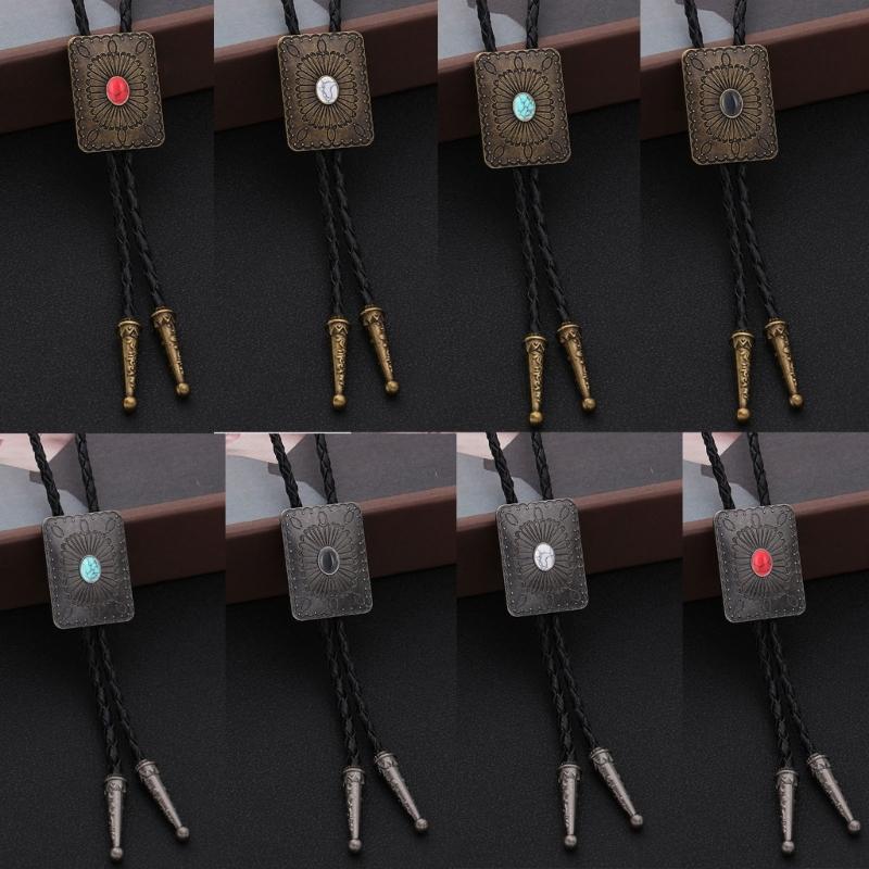 Punk Style Bolo Tie with Emblem Charm Necktie Necklace Costume Accessory