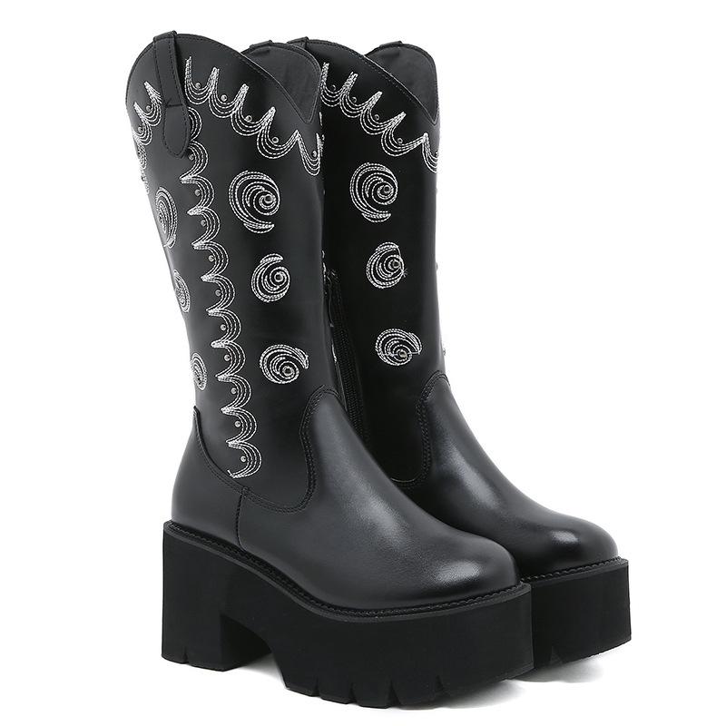 

Осень и зима вышивка толстая подошва высокий голенище до колена ботинки Мартин одна нога ковбойские ботинки Женские ботинки 43 чёрный