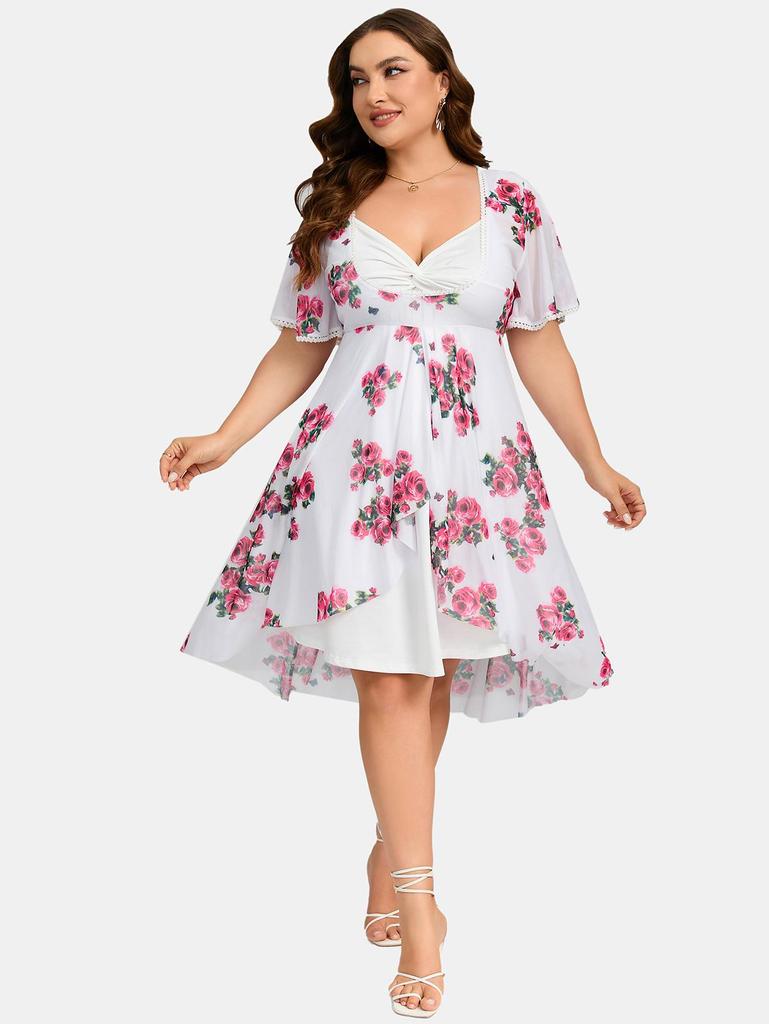 Rosegal Plus Size Twist Lace Trim Belt Layered Flower Print Dress (Adjustable Shoulder Strap)