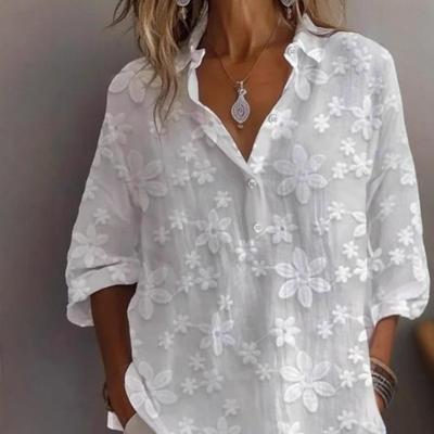 Women's V Neck Blouse Short Sleeve Floral Textured Loose Fit Casual Summer Top