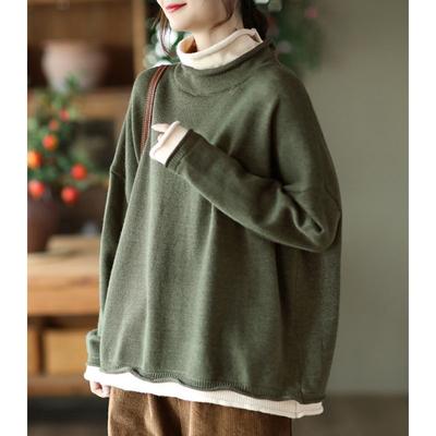 Autumn and Winter New Cotton Knitted Contrasting Fake Two-piece Tops for Women Loose Turtleneck Sweater with Bottoming Shirt