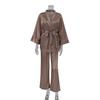 Autumn European Style Satin Print Pajamas Set Women's Loose Homewear Cardigan Robe Long Pants Cool Feel Nightwear For Casual Outing
