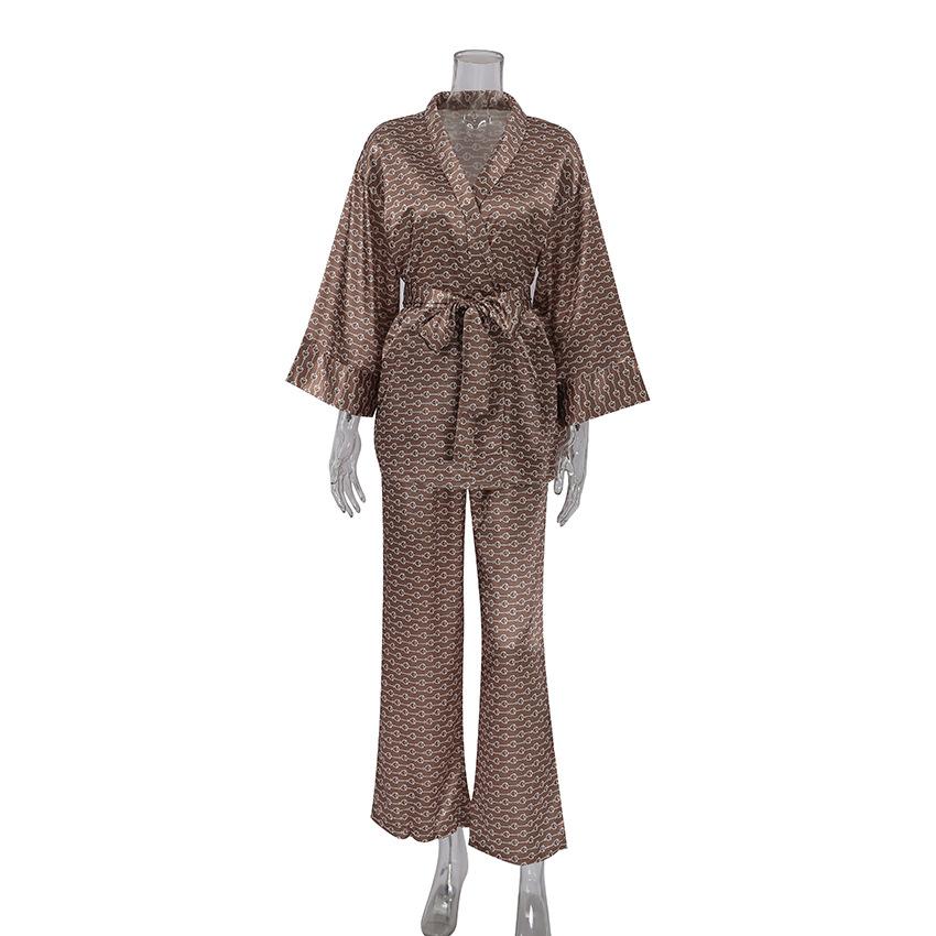 Autumn European Style Satin Print Pajamas Set Women's Loose Homewear Cardigan Robe Long Pants Cool Feel Nightwear For Casual Outing
