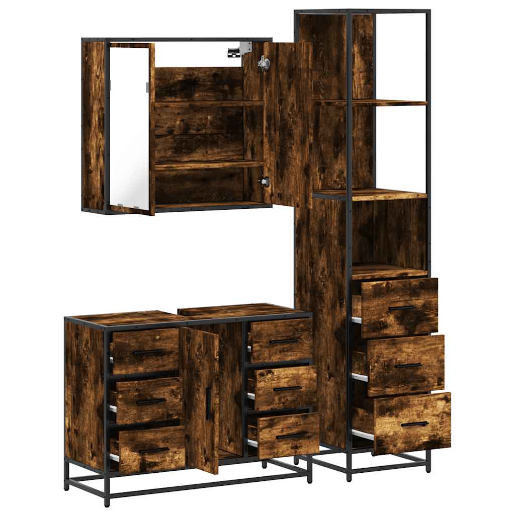 3 Piece Bathroom Furniture Set Smoked Oak Wood Based Material