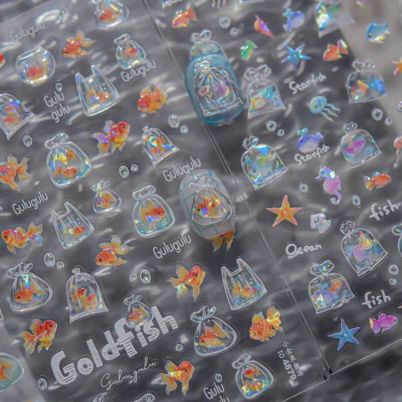 Shiny Goldfish Plastic Bag Seahorses Summer Jellyfish Starfish Shell Conch Koi Water Bubble Star Carp Nail Art Stickers Decals