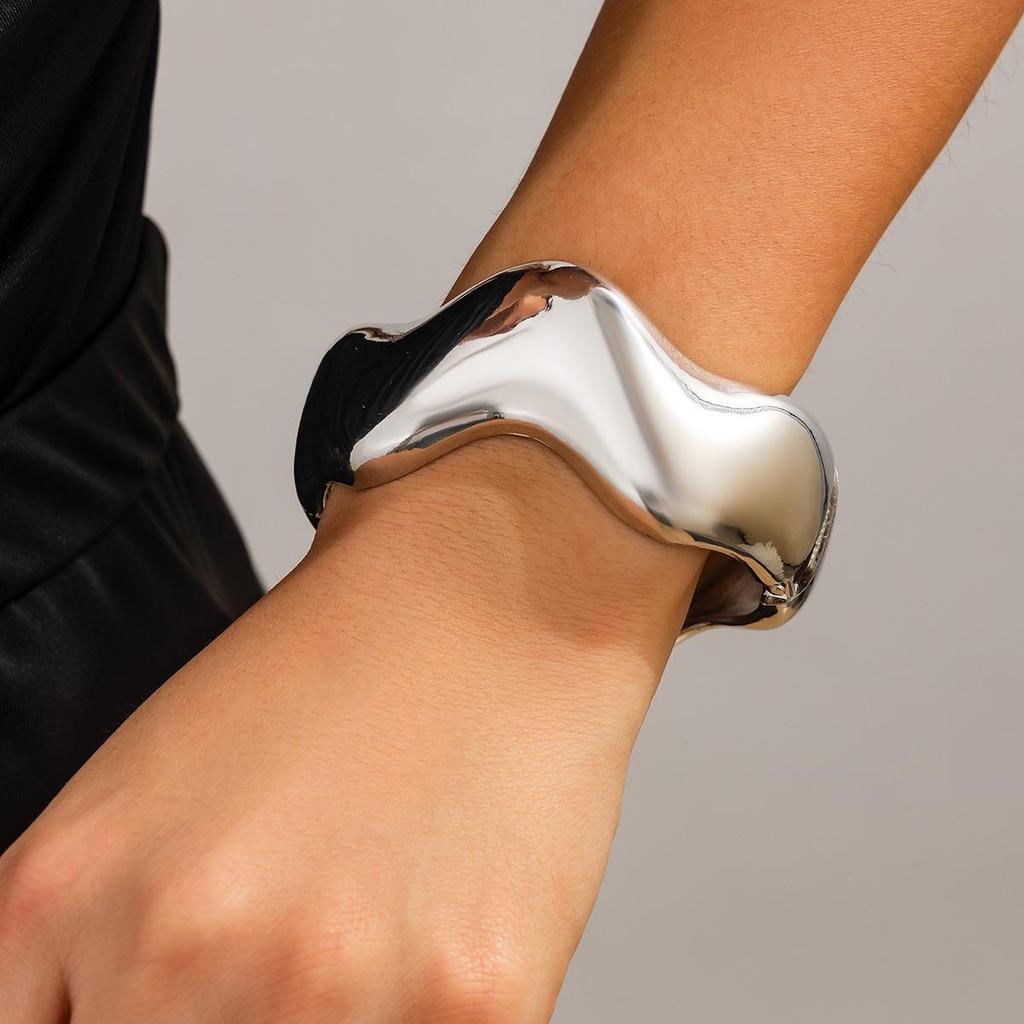 Bold Geometric Metallic Wide Bangle with Heavy Industry Design
