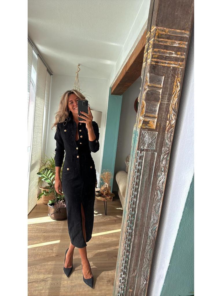 2024 Europäische & Amerikanische Mode Lässig Mehrknöpfig Langarm Denim Midi-Kleid