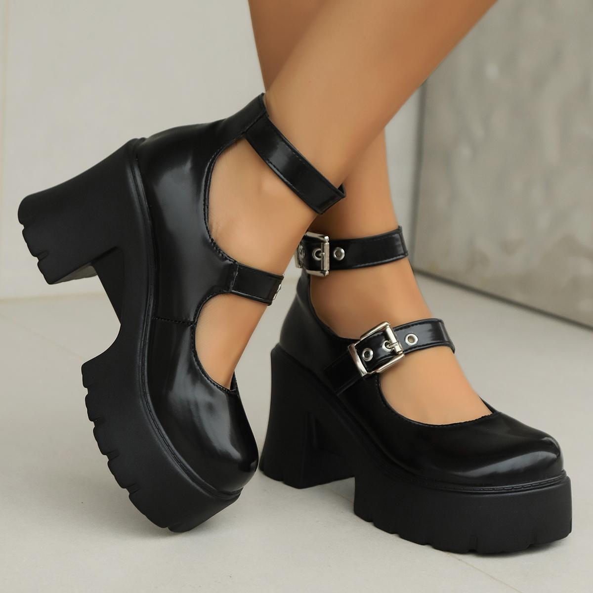 Dubbele Gesp Dikke Plateau Mary Janes Schoenen Vrouw Super Hoge Hakken Enkelbandje Pumps Vrouwen Lente Grote Maten Lotita Schoenen 35 brown