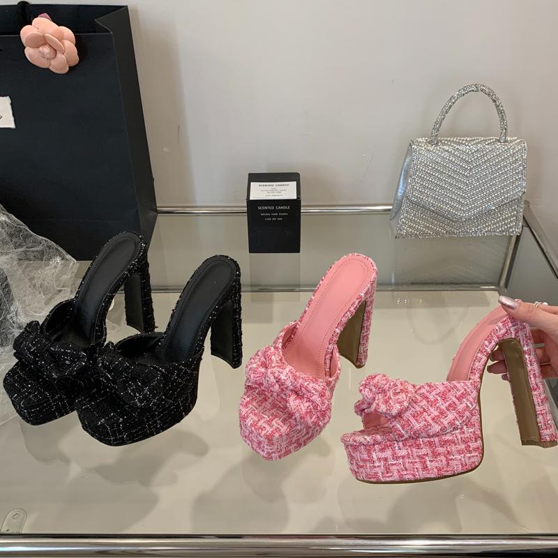 Fashion Eilyken Street Style Open Toe Butterfly-knot Women Slippers Fashion Platform Square High Heels Banquet Dress Slide Summer Shoes
