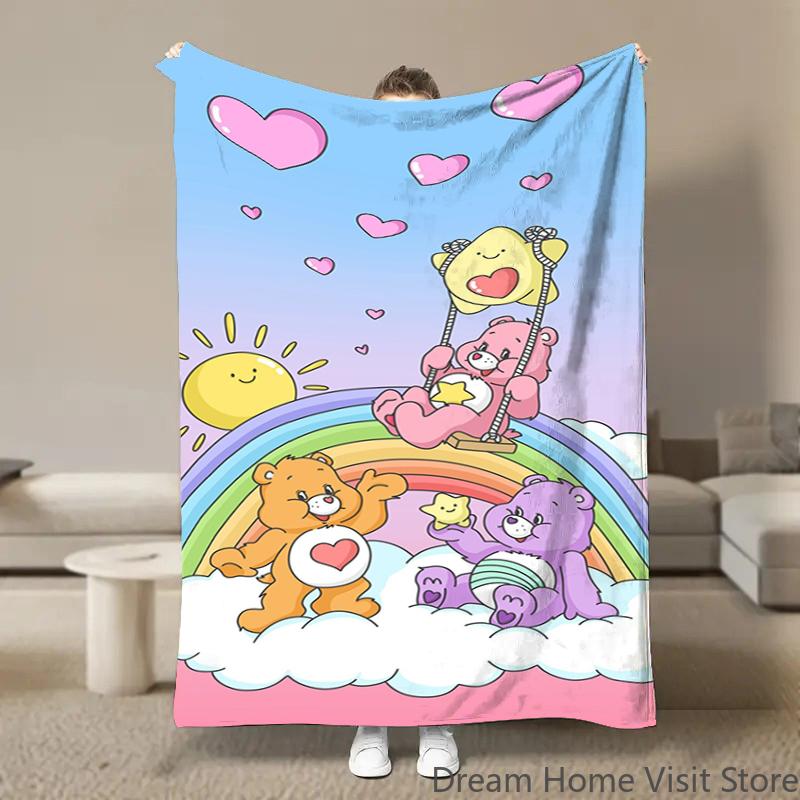 Cute Rainbow Bears Anime Flannel Blanket Pikachu Figures Home Sofa Lunch Break Blankets Children Student Blankets Nap Cover Kids