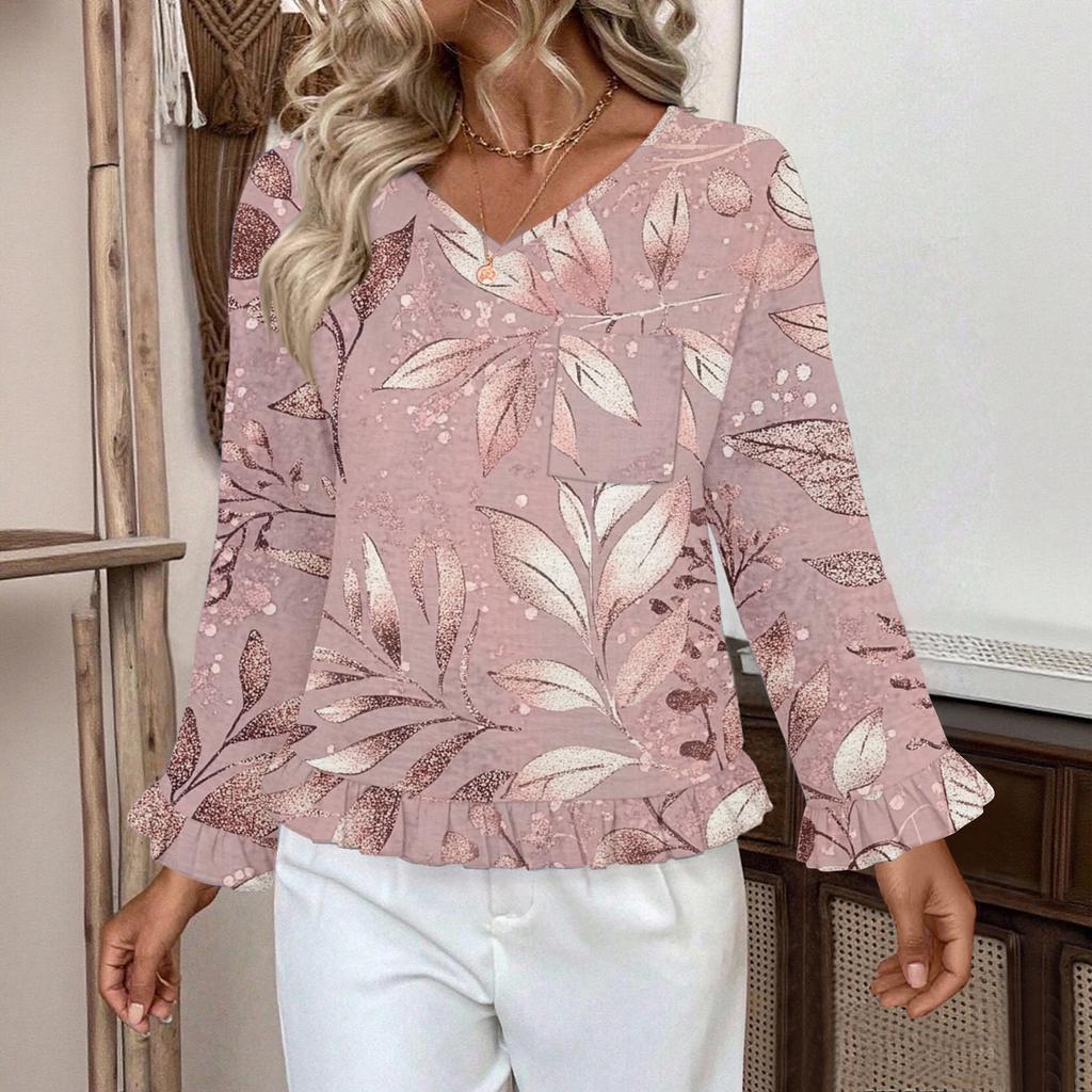 Women's Casual Fashion Ruffled V-Neck Pocket Floral Print Long Sleeve Top