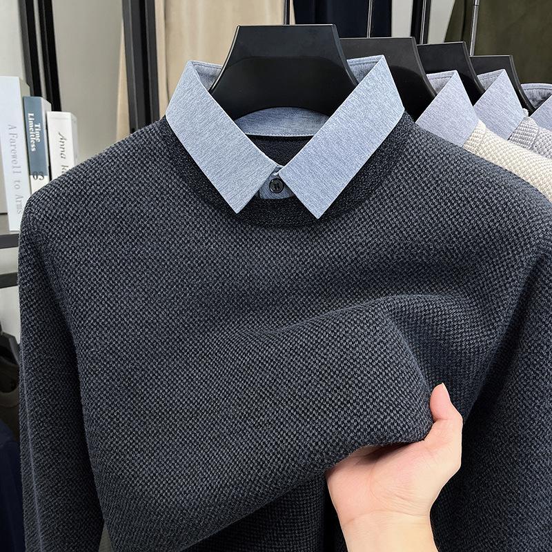 Men's Autumn/Winter Fleece-Lined Two-Piece Look Sweater with Business Shirt Collar