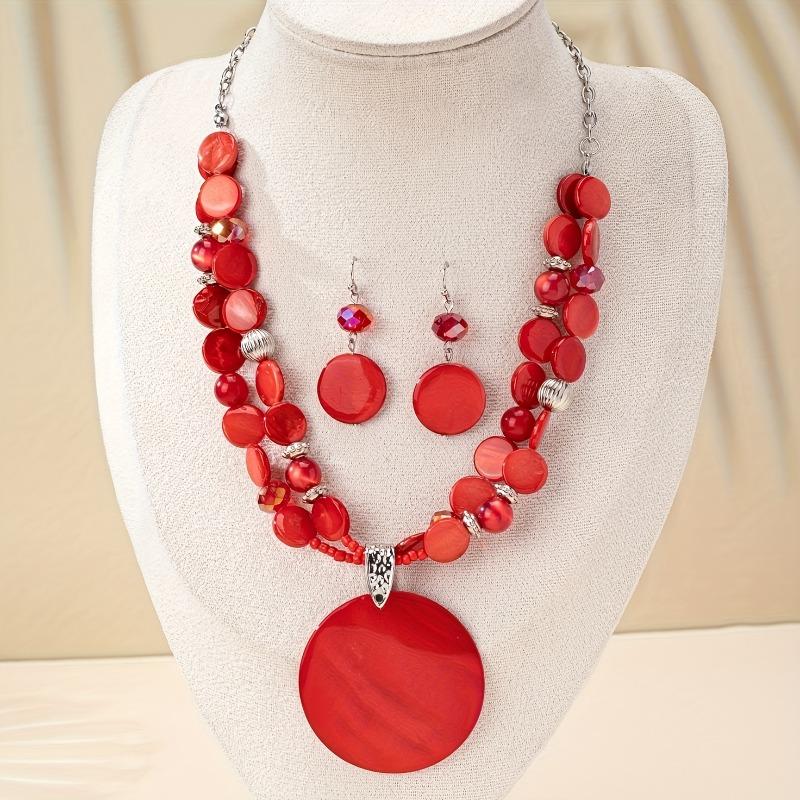 3PCS Bohemian Ethnic Style Exaggerated Personality Red Round Pendant Earring Necklace Women's Holiday Party Accessories