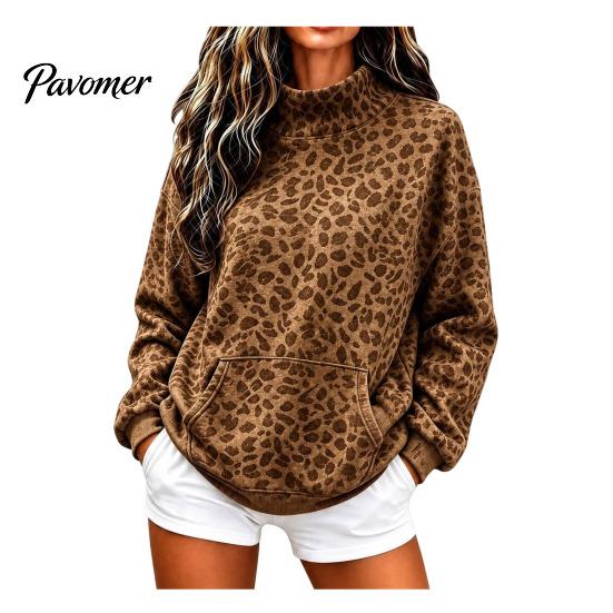 Warm Fall Clothing Women Leopard Print Sweatshirt, Mock Neck Long Sleeve Pullover with Sweatshirt Kangaroo Pocket, Drop Shoulder Casual Top for Winter