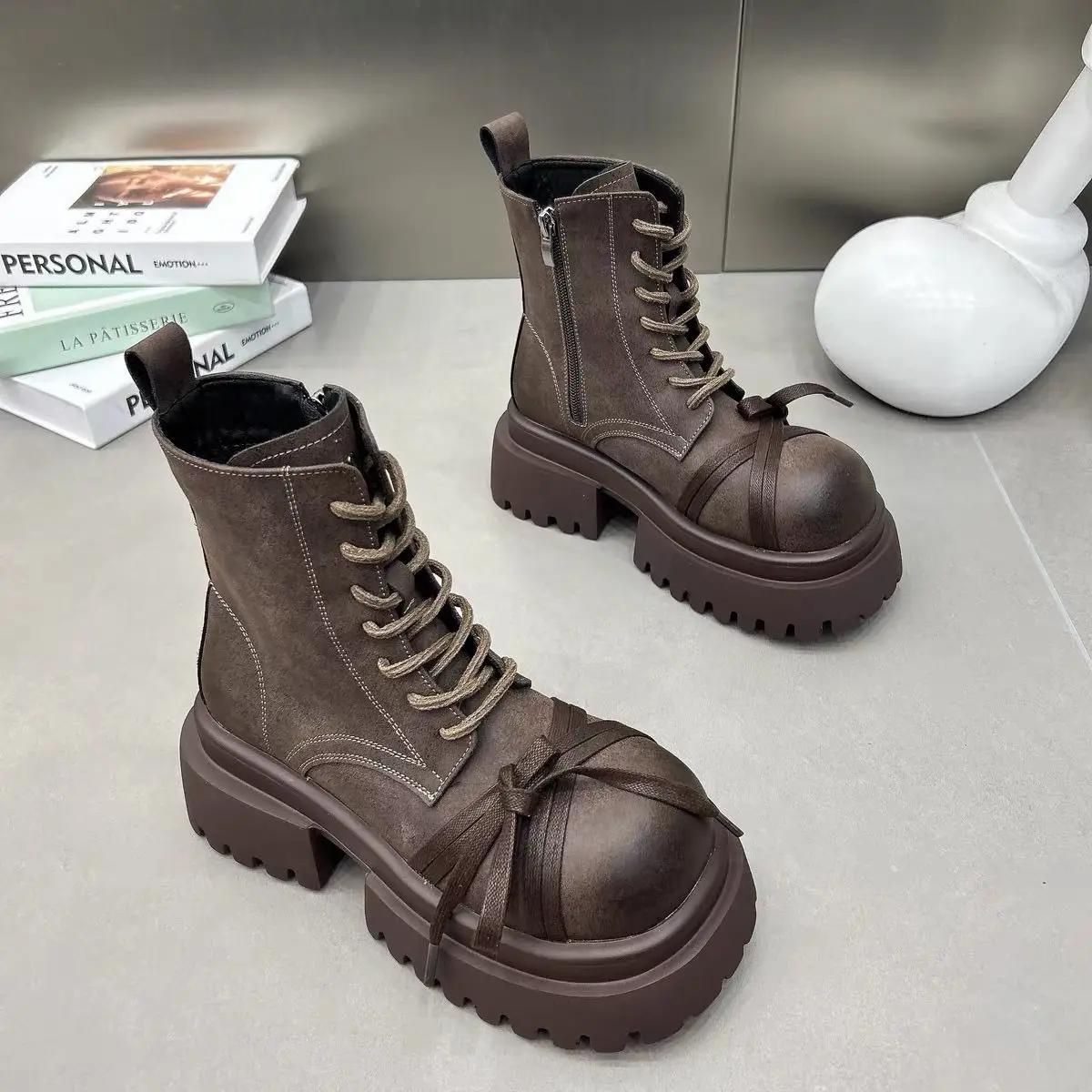 

Женские зимние ботинки на толстой платформе с ботильонами на среднем каблуке с бантом, модные кожаные туфли для женщин, зима 2024, тренд, готика, челси, ботинки-ботинки Mujer 40 коричневый