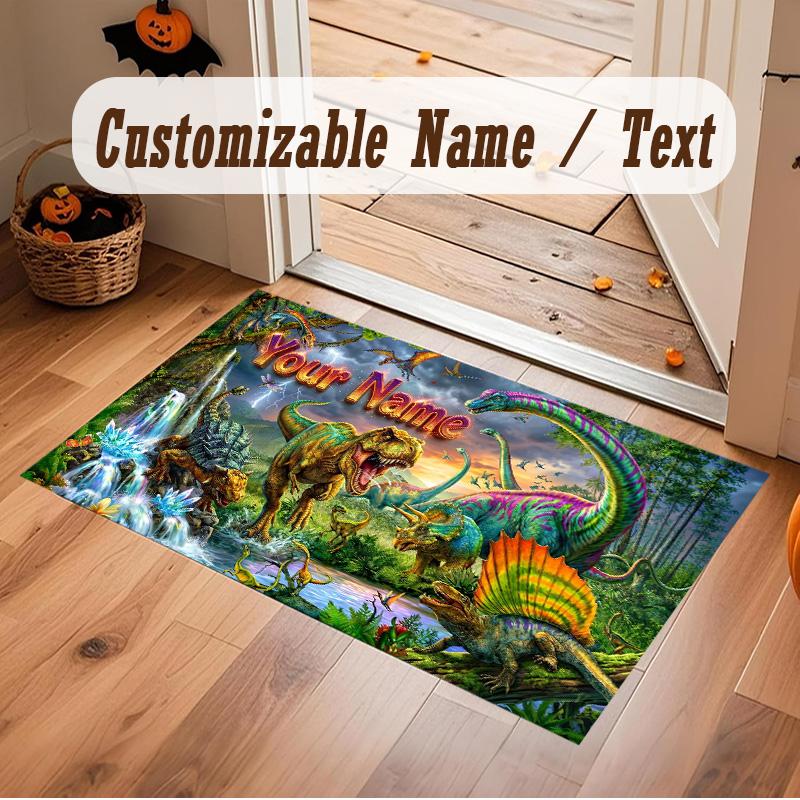 Dinosaur Theme Soft Crystal Velvet Rug Custom Name & Text Print Non Slip Floor Rug for Bedroom Living Room
