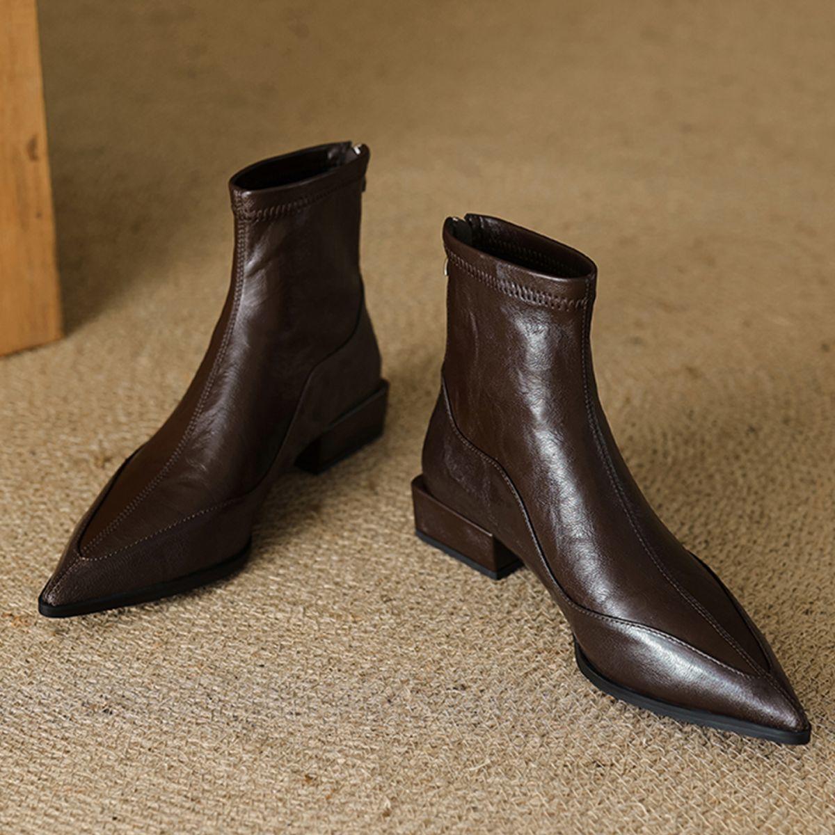 

Французские остроносые эластичные тонкие ботильоны на низком каблуке 2025 осень и зима новые ботильоны на толстом каблуке женские ретро коричневые ботинки челси 40