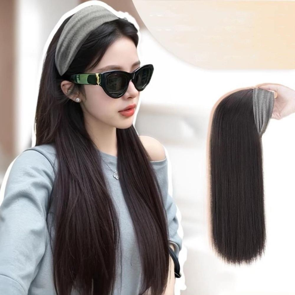 Hair Hoop Half Headband Wig Korean Style Long Straight Hair Gray Wide Knit Headband Wig Daily Wear
