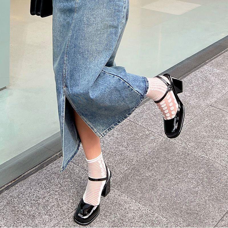 One-word high heels square head single shoes women's shoes 2025 spring and summer new thick heel Mary Jane bag head sandals women