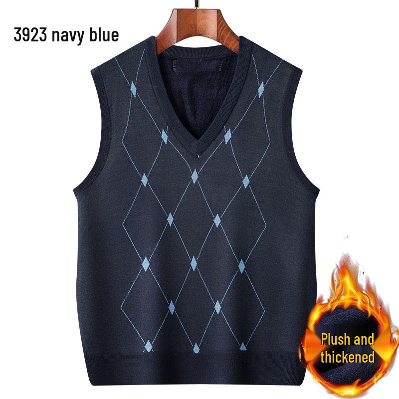 Dad's Fleece-Lined Sweater Vest: Warm Knitted Base Layer for Middle-aged and Elderly Men in Autumn and Winter.