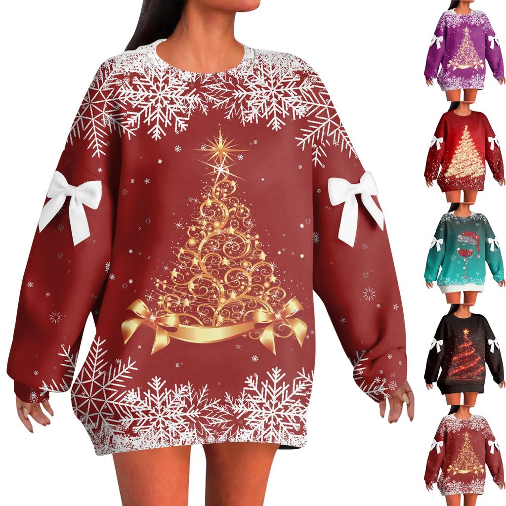 Ladies' Christmas Printed Bow Round Neck Long Sleeved Loose Pullover Sweater Sweatshirt Top