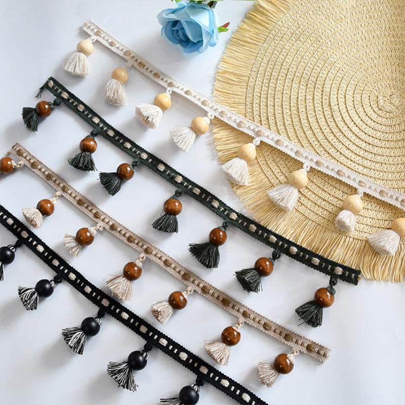 1.5x100cm Cotton Curtain Tassel Accessories Wood Beads Hanging Ball Fabric Lace Accessories Handmade DIY Home Decoration