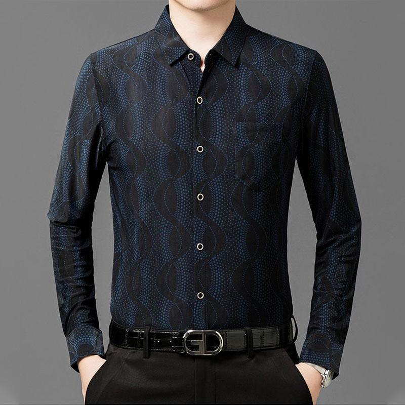 

Мужская новая весенне-осенняя тонкая рубашка с длинным рукавом из ледяного шелка, повседневная свободная рубашка L синий