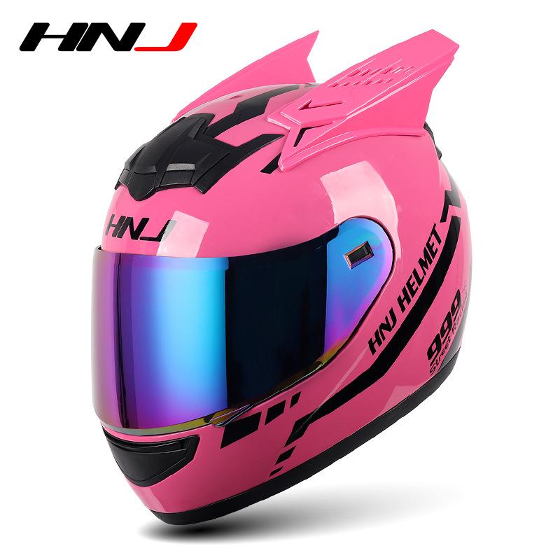 HNJ Unisex Full-Face Summer Motorcycle Helmet with Gray Riding Horns - Stylish and Safe for Racing