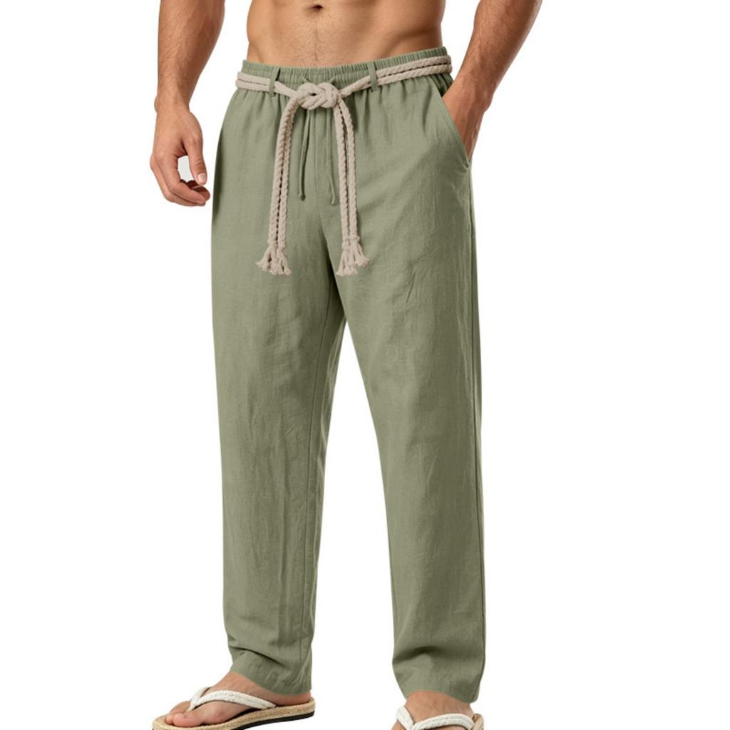 Men's Linen Drawstring Pants Lightweight Breathable Straight Leg Trousers Casual Summer Vacation Commuting Pants