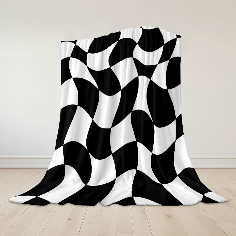 Wavy B&W Check Flannel Blanket Warm Soft Halloween Christmas Couch Warm Cozy Decorative Decor Gift for All Season