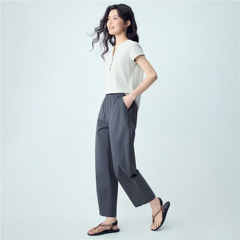 Giordano Women's Elastic Waist Pleated Pure Cotton Cropped Pants