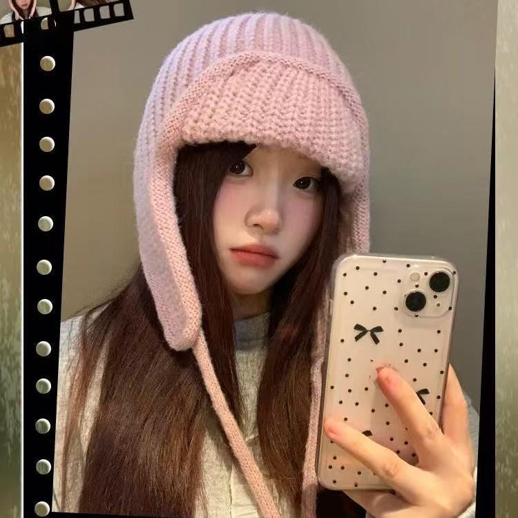 Winter Atmosphere Ins Korean Style Knitted Woolen Hat for Women Autumn and Winter Warm Ear Protection Flight Hat Ski Thunder Hat