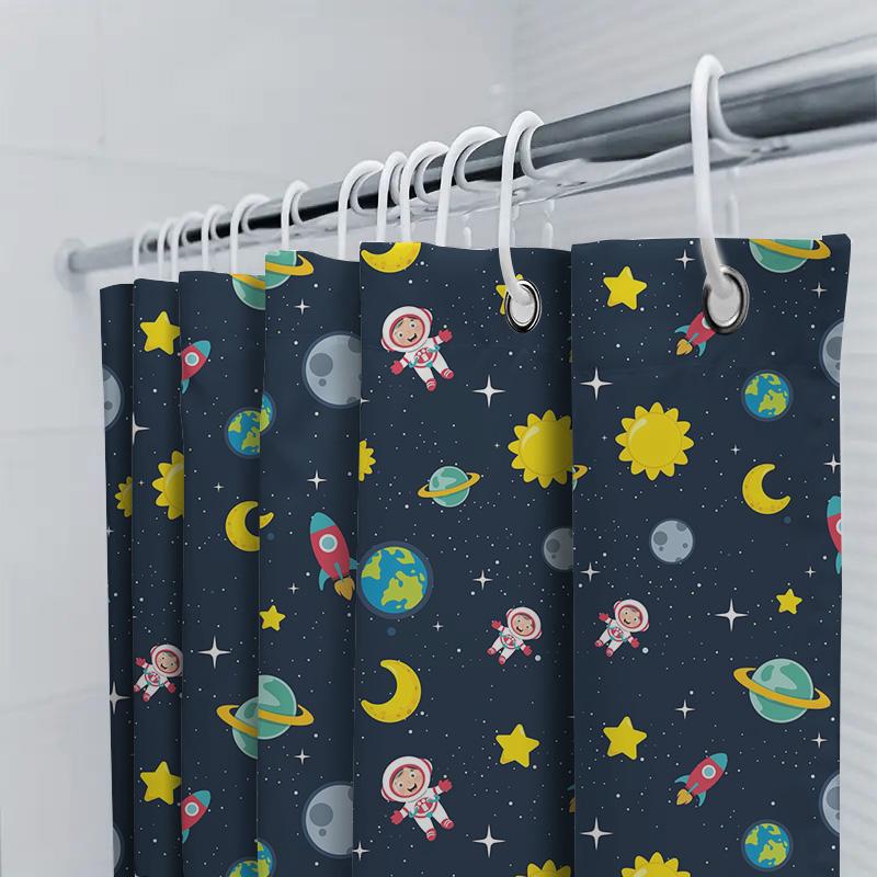 Space-Themed Shower Curtain Set With Astronaut Pattern For Home Decor In Navy Blue 180X240Cm Waterproof Fabric
