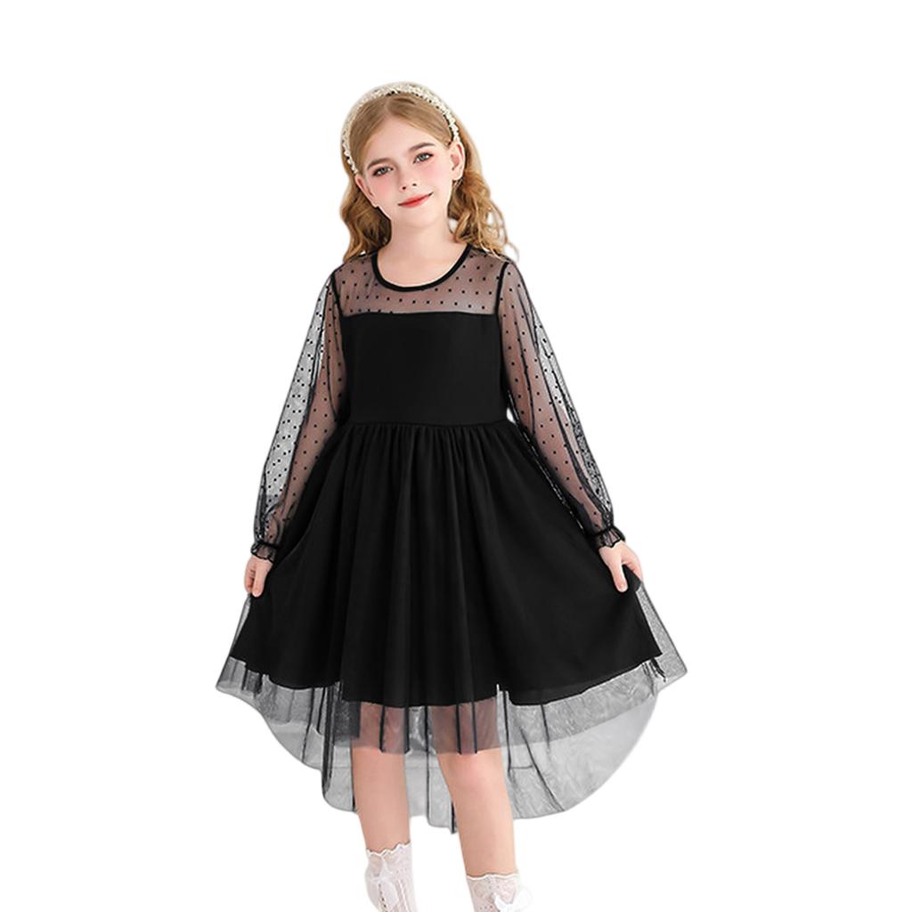 Girls Dresses Contrast Mesh Long Sleeve Twirly High Low Birthday Party Formal Dress
