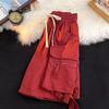 American High Street Hiphop Wide-leg Red Overalls Men's Retro Lazy Casual Couple Hip-hop Five-point Shorts Trend