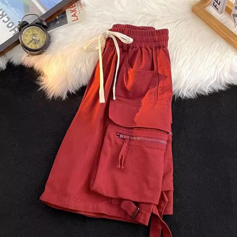 American High Street Hiphop Wide-leg Red Overalls Men's Retro Lazy Casual Couple Hip-hop Five-point Shorts Trend