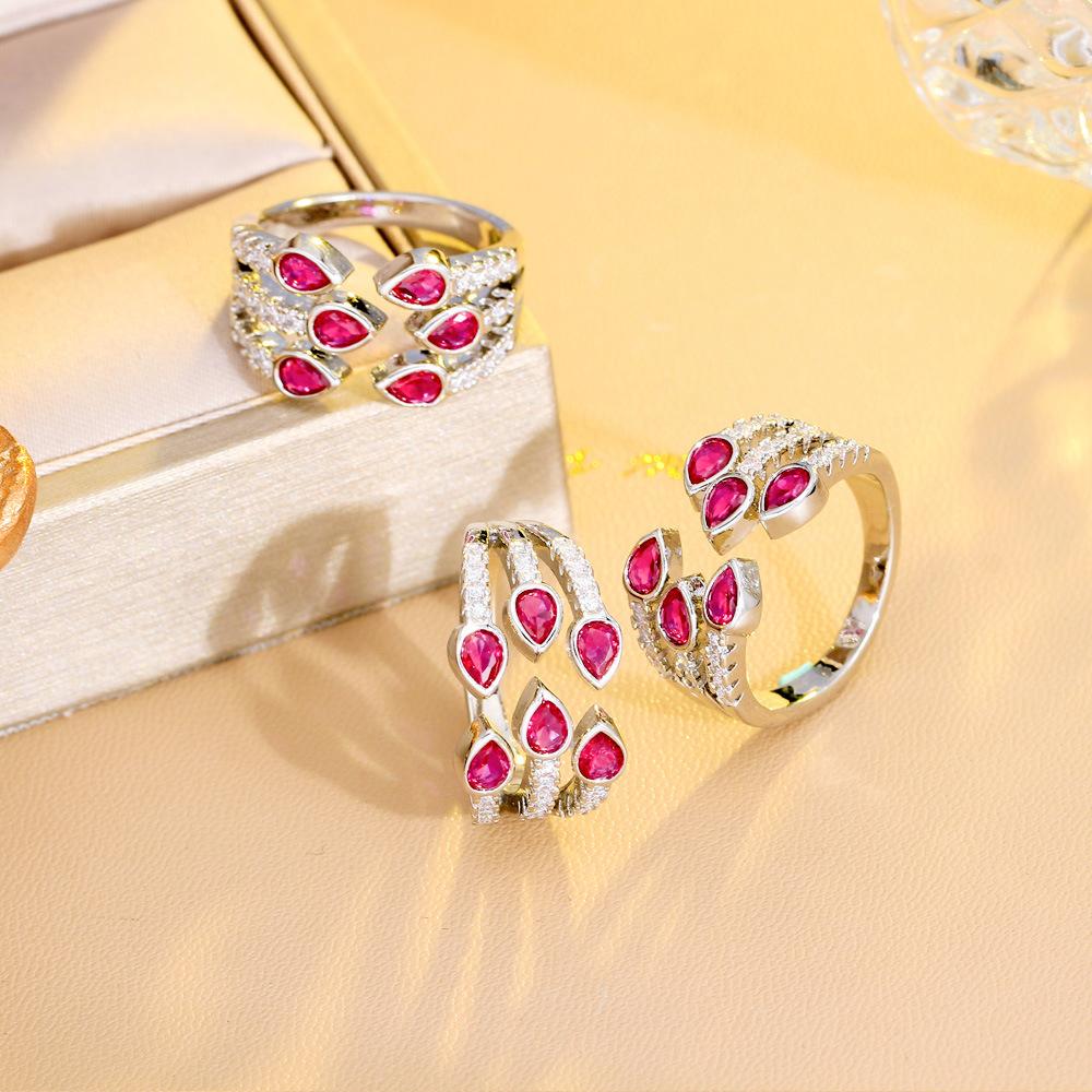 Sweet Water Drop Ruby Ring, Slightly Inlaid Zircon Design, High-End Three-Row Jewelry Ring.