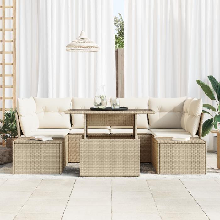 VidaXL Ensemble de canapé de jardin 7 pièces avec coussins beige en rattan poly 3349117